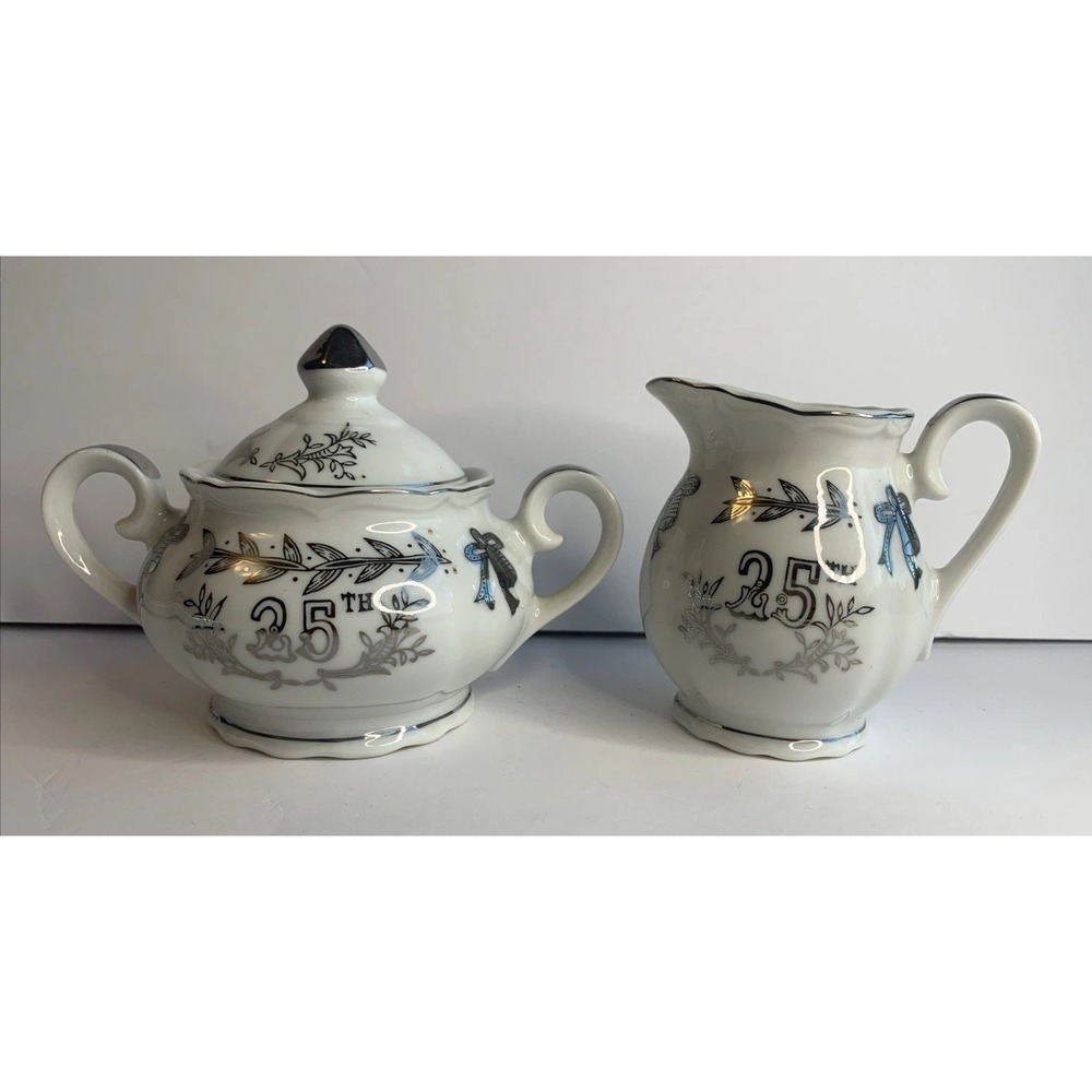 Vintage Lefton China 25th Silver Anniversary‎ Sugar Bowl and Creamer Set 4929